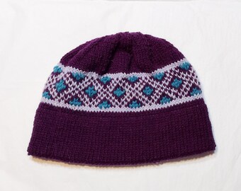 Hand Knitted Wool Beanie: Plum Diamond Pattern, Unisex Adult
