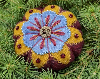Embroidered Wool Pincushion - Tomato Style, Beaded, Original Design, Ground Walnut Filling, Button Center, One-of-a-Kind