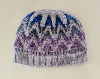 Hand Knitted Silk Wool Beanie: Purple Peaks Flame Stitch Toque