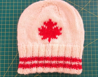Hand-Knitted Wool Beanie: Canadian Maple Leaf Toque