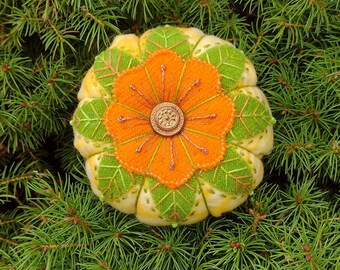 Embroidered Wool Pin Cushion - Tomato Style, Beaded, Original Design, Ground Walnut Filling, Button Center, One-of-a-Kind