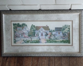 Framed Cross Stitch Embroidery: Village Houses, Antique Silver Frame (14" x 25")