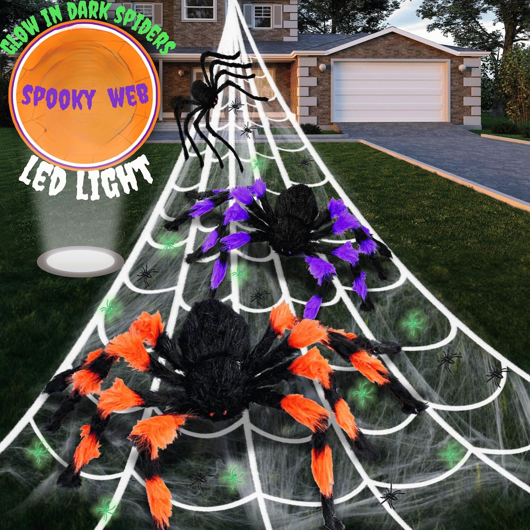 Led Rope Spider Web Giant Halloween Spider Web Set: LED Light, Spooky Spiders (glow-in-dark ...