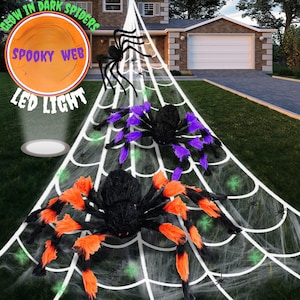 Giant Halloween Spider Web Set: LED Light, Spooky Spiders (Glow-in-Dark)