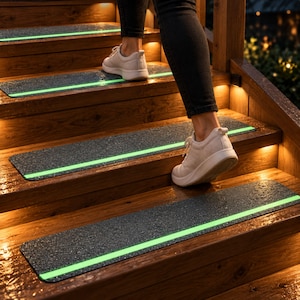 May include: Rectangular dark gray anti-slip stair treads with a prominent horizontal light green glow-in-the-dark strip running across the center of each piece, applied to wooden steps to provide traction and visibility in low light.