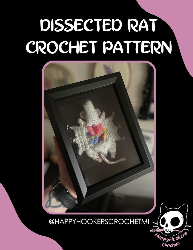 Pode incluir: Um padr&atilde;o de croch&ecirc; emoldurado de um rato dissecado. O rato de croch&ecirc; branco tem detalhes coloridos e &eacute; exibido em uma moldura preta. O texto "DISSECTED RAT CROCHET PATTERN" est&aacute; na parte superior da imagem.