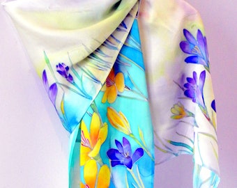 Floral silk scarf, Hand painted scarf, Long silk shawl, Batik scarf, elegant women scarf, Bridesmaid shawl, gift for her, Mother day gift