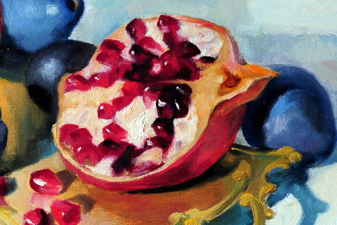 Original Oil Painting Kitchen Art Pomegranate Plums Still Life Fruit