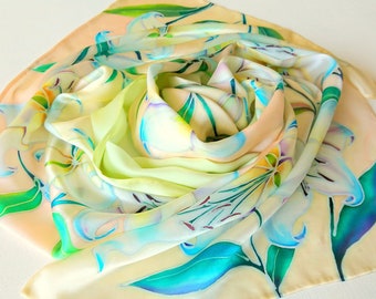 Lily silk scarf, White bridal shawl, Floral Silk scarf with lilies, Wedding shawl, Hand painted scarves, Silk Gifts for mom husband to wife