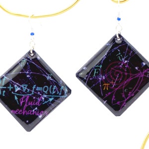 Może przedstawiać: Para diamentowych kolczyków z czarnym tłem i kolorowymi równaniami matematycznymi i symbolami. Kolczyki są wykonane ze srebra i mają błyszczące wykończenie. Tekst na kolczykach brzmi "Mechanika płynów".