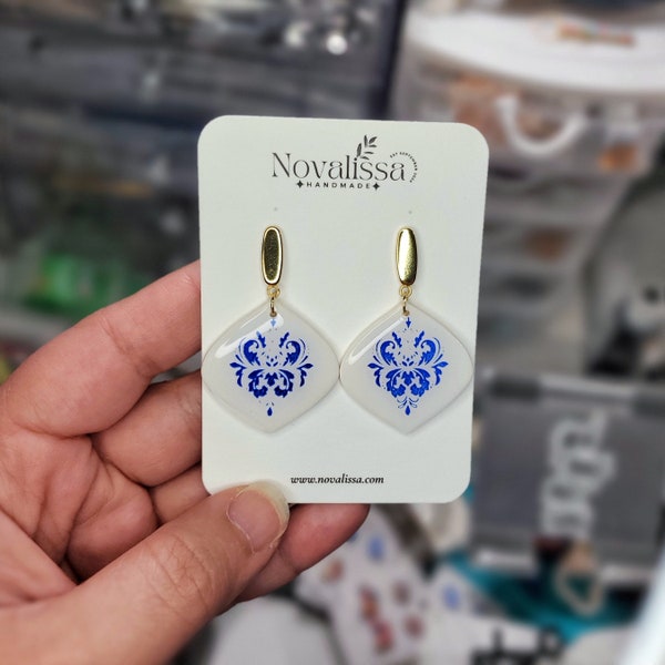 Portuguese Tiles | Greek Inspired Earrings | Azulejo Tile | Talavera Earrings | Santorini Earrings | Ceramic Tile | White and Blue Earrings