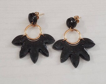 The Lorea, Black | Neutral Resin Earrings | Black and Gold Earrings | Floral Resin Earrings | Resin Dangles | Black Earrings | Minimalist
