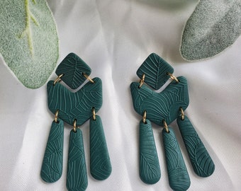 Green Statement Earrings | Fall Earrings | Long Earrings | Polymer Clay Earrings | Textured Earrings | Green Polymer Clay | Modern Earrings