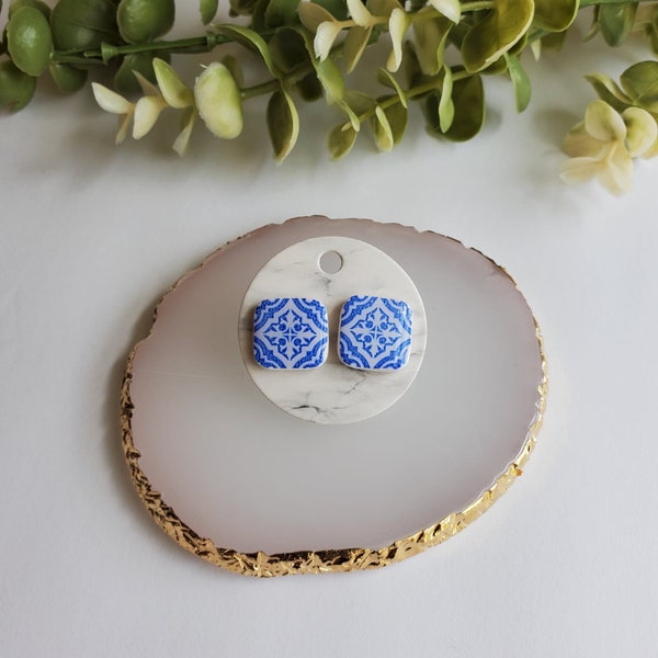 Azulejo Studs | Spanish Tile Earrings | Santorini Earrings | White and Blue Earrings | Santorini Studs | Tile Studs | Greece Inspired Studs