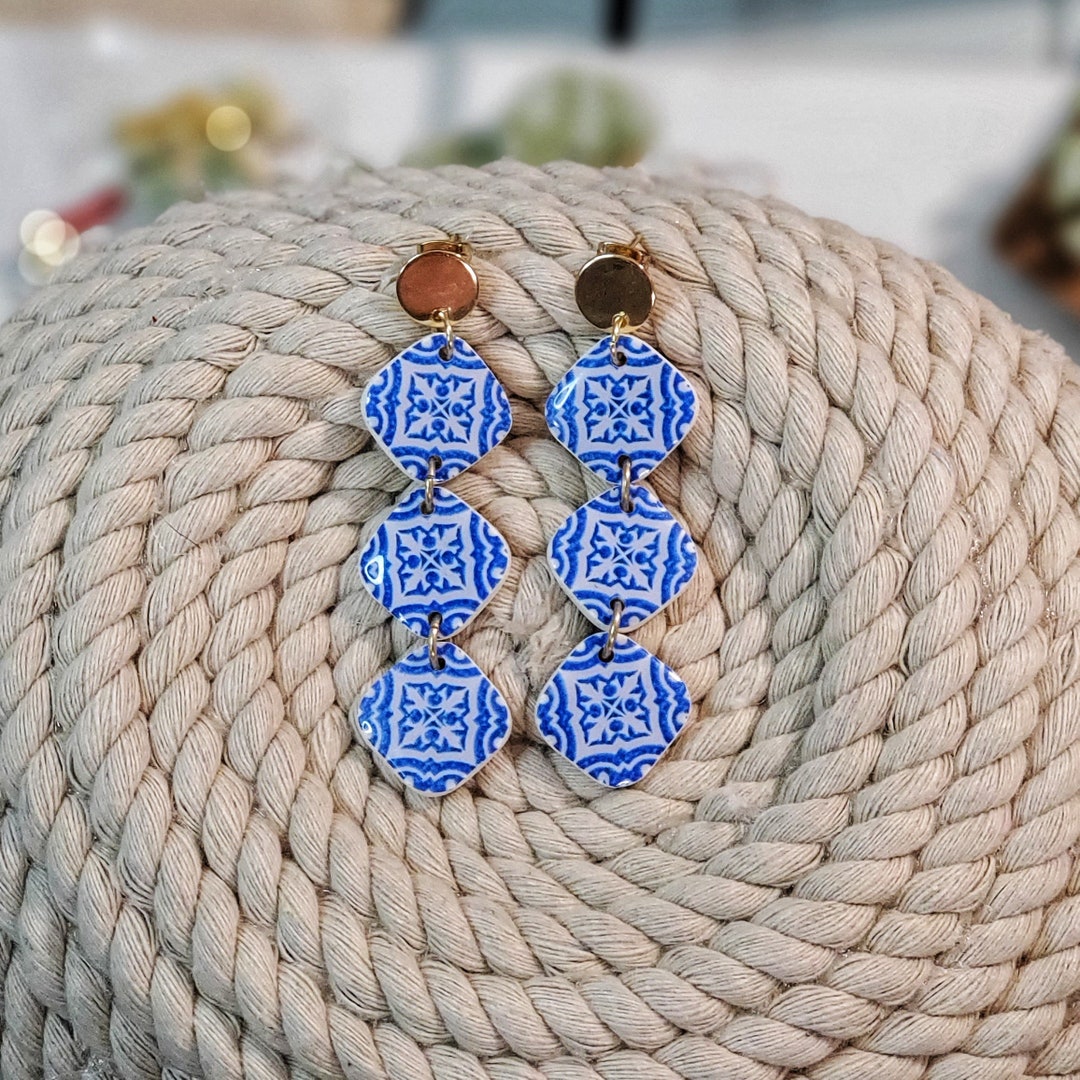 Ceramic Tile Earrings Greek Style Earrings Mexican Talavera Earrings