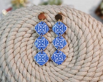 Ceramic Tile Earrings | Greek Style Earrings | Mexican Talavera Earrings | White and Blue Earrings | Portuguese Tile | Santorini | Azulejo