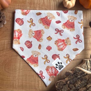 May include: A triangular pet bandana featuring a white background with a repeating pattern of teddy bears wearing red sweaters, orange pumpkins, red bows, and autumn leaves. A small white tag with a black paw print logo is attached to the edge.