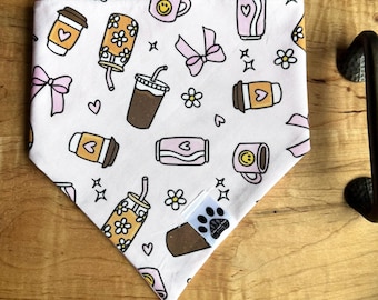 Morning Happiness | Cat/Dog Snap On Reversible Pet Bandana | Iced Latte | Coffee | Espresso | Flowers | Florals | Food and Drink | Diner