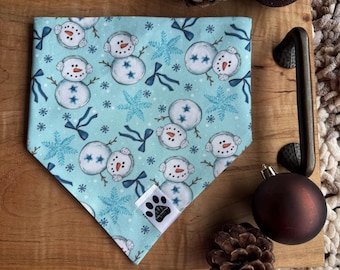 Winter Cheer | Cat/Dog Snap On Reversible Pet Bandana | Seasonal | Christmas | Snowmen | Snowflakes | Snow | Blue | Holidays | Nature