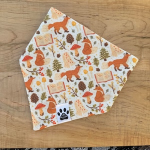 May include: A cream-colored pet bandana with a repeating pattern of orange foxes, mushrooms, pinecones, and books. The bandana has a tag that reads "Lake and Paw".