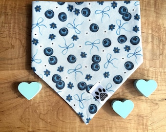 Blueberry Bliss | Cat/Dog Snap On Reversible Pet Bandana | Fruit | Blueberries | Bows | Coquette | Flowers | Florals | Spring | Summer