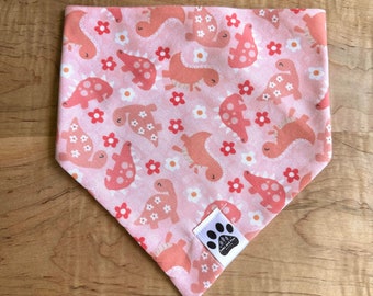 Girlie Pop Dino | Cat/Dog Snap On Reversible Pet Bandana | Dinosaurs | Flowers | Florals | Pink | Daisies | Spring | Summer | Prehistoric