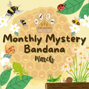 May include: A yellow and brown honeycomb pattern with the text "Monthly Mystery Bandana March" and a logo for "Lake and Paw, Michigan". The image is surrounded by flowers, bees, butterflies, ladybugs, and grasshoppers.