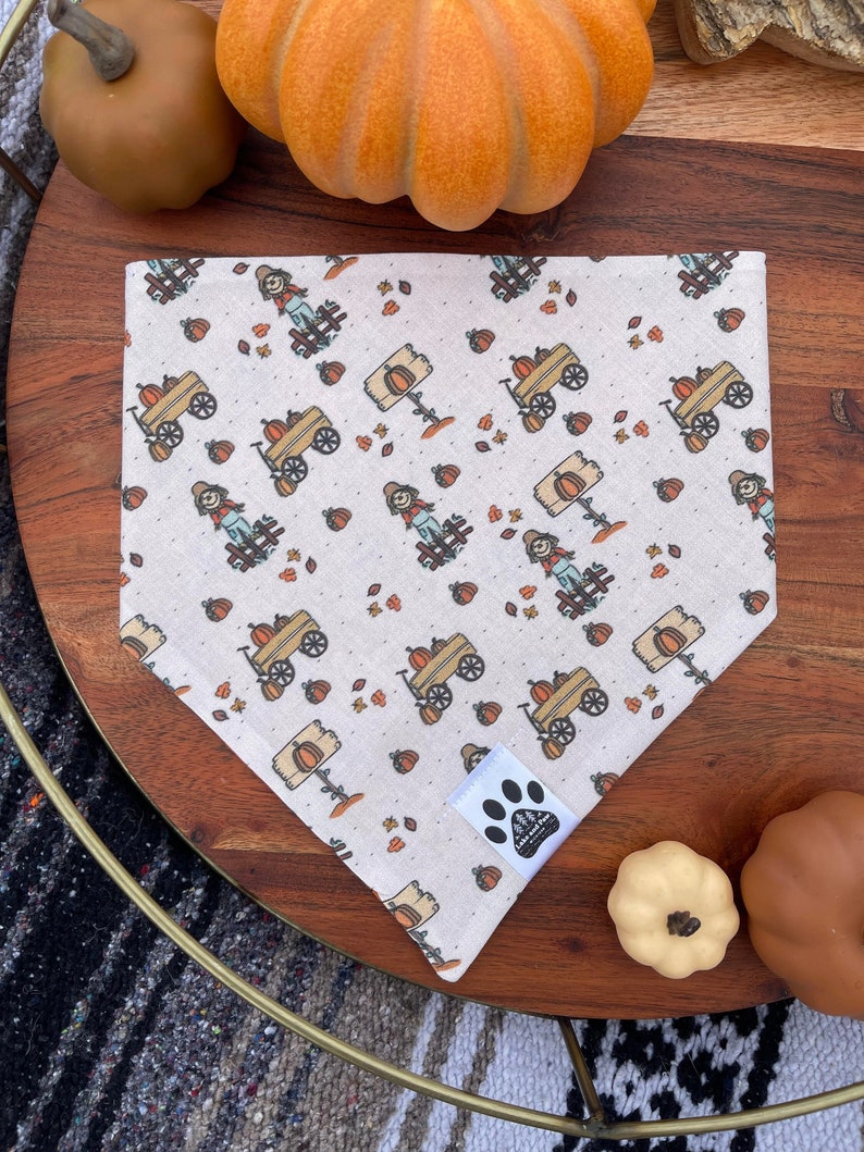 May include: A white bandana with a fall-themed print featuring scarecrows, pumpkins, and wagons. The bandana has a white paw print logo in the bottom right corner.