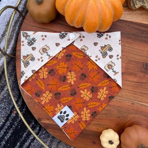 May include: A brown and white dog bandana with a fall theme. The bandana features a brown and orange leaf pattern on one side and a white side with a brown and white illustration of a scarecrow and a wagon with pumpkins. The bandana has a white paw print logo in the lower right corner.
