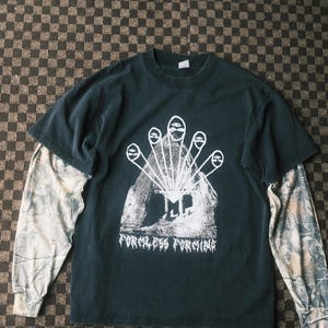Y2K Layered Long Sleeve Shirt, Faded Black Tee, Camouflage Sleeves