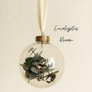 Personalisierte Weihnachtskugel aus Glas mit goldenem Kranz und weißen Chiffon-Aufhänger, gefüllt mit Eukalyptus-Trockenblättern, Variante ‚Eucalyptus Dream‘.
