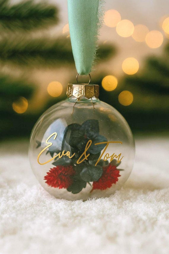 Weihnachtskugel personalisiert, Trockenblumen, Christbaumkugel Echtglas Chiffon, Geschenk Mama, Papa, Freundin