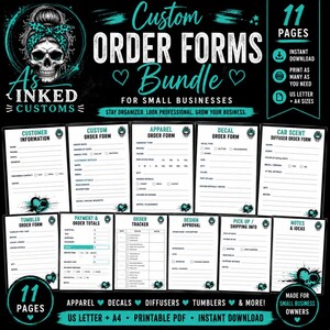 Könnte beinhalten: Ein Bündel von 11 individuellen Bestellformularen für Kleinunternehmen mit einem Totenkopf-Logo in Schwarz und Türkis. Das druckbare PDF-Set enthält Vorlagen für Kundeninformationen, Bekleidung, Aufkleber, Duftbäume und Auftragsverfolgung.