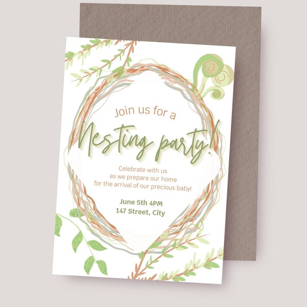 Nest party invitation in the forest Invitation gender neutral nature green leaves canvas template Baby girl boy welcome party customizable