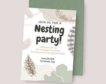 Invitación a fiesta nido género neutro baby shower niña niño nubes cielo celebración lienzo personalizable elegante reunión familiar de anidación mínima