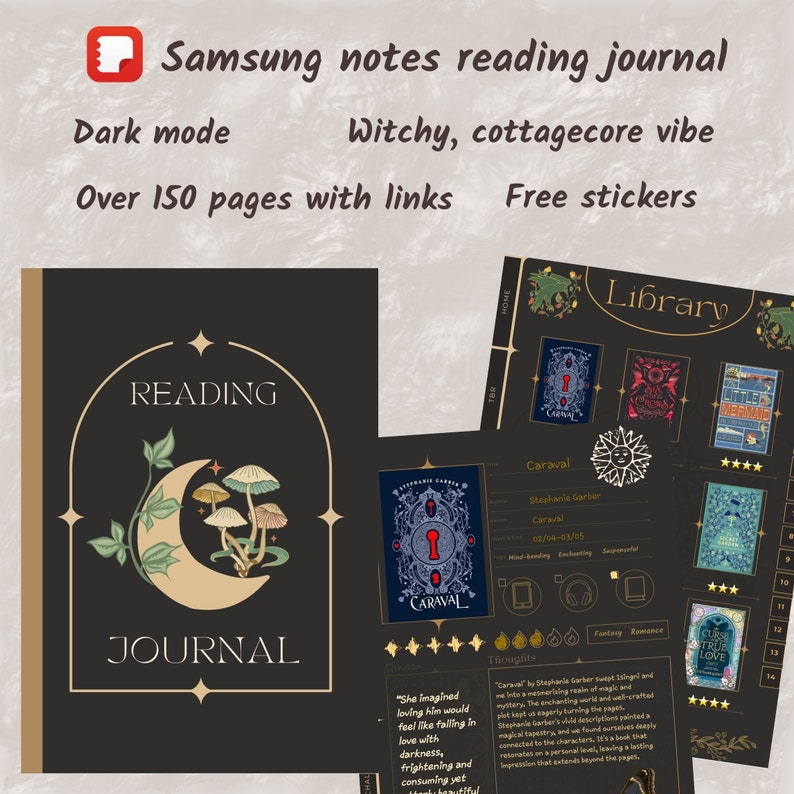 Diario de lectura de notas de Samsung Modo oscuro Ambiente brujo Cottagecore Regalo amante de los libros Planificador de lectura para Android Reseña de libros y biblioteca imagen 1