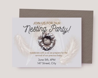 Invitación a fiesta nido boho Género neutral niño niña blanco beige Bebé niña niño celebración paloma plumas pájaro calma canva plantilla personalizable