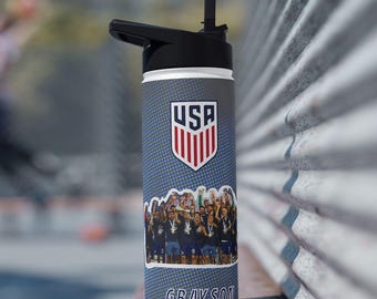 USA WK voetbal 2026 team roestvrijstalen waterfles met rietje - aangepast met naam