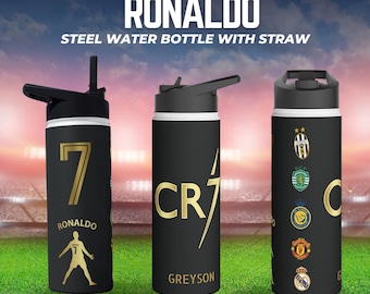Ronaldo roestvrijstalen waterfles met rietje - verjaardagscadeau - cadeau voetbalfan - sportwaterfles - gepersonaliseerd met je naam.