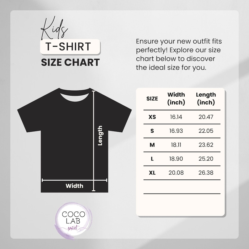 K&ouml;nnte beinhalten: Gr&ouml;&szlig;entabelle f&uuml;r Kinder-T-Shirts mit einer Schwarzwei&szlig;-Illustration eines T-Shirts. Die Tabelle zeigt die Gr&ouml;&szlig;en XS bis XL mit den entsprechenden Breiten- und L&auml;ngenma&szlig;en in Zoll.