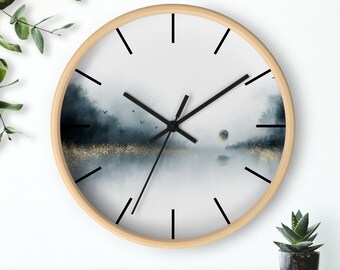 Wall Clock Gift - Watercolor Pine Trees and Mountains Wall Clock, Christmas Gift, Foggy Forest Clock, Forest Wall Art. Forest Theme