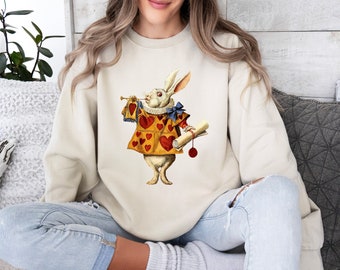 Valentines Day Sweatshirt, Alice in Wonderland Rabbit Design, Valentines Gift for Her, Vintage Style Women's Valentine TShirt
