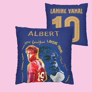 Lamine Yamal - Poszewka na poduszkę Barcelona Blue Soccer z nadrukiem dwustronnym | Możliwość personalizacji imieniem | Kwadratowa poszewka na poduszkę z poliestru