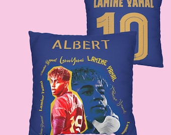 Lamine Yamal - Barcelona blauwe voetbalkussensloop dubbelzijdige print | Aanpassen met naam | Vierkante kussensloop van gesponnen polyester