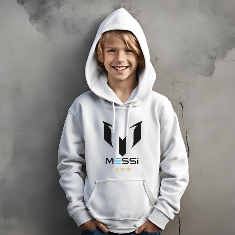 May include: White hooded sweatshirt with a black and white logo that says "MESSI" with three gold stars below the text.