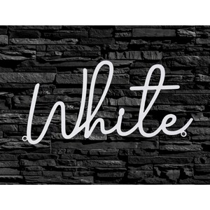 May include: White neon sign with a cursive font against a black brick wall background.