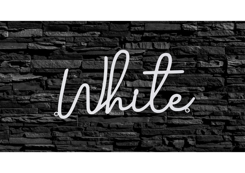 May include: White neon sign with a cursive font against a black brick wall background.