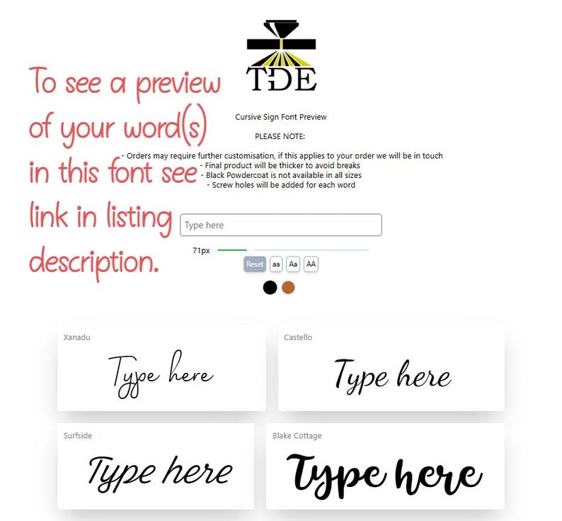 May include: A preview of four different cursive fonts, "Xanadu", "Castello", "Surfside", and "Blake Cottage".  The fonts are shown in black on a white background.  The text "Type here" is shown in each font.
