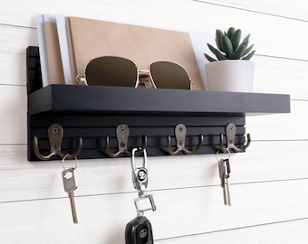 Black Key Holder For Wall, Wooden Entryway Mail And Key Holder, Key Hook For Wall