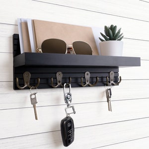 Black Key Holder For Wall, Wooden Entryway Mail And Key Holder, Key Hook For Wall